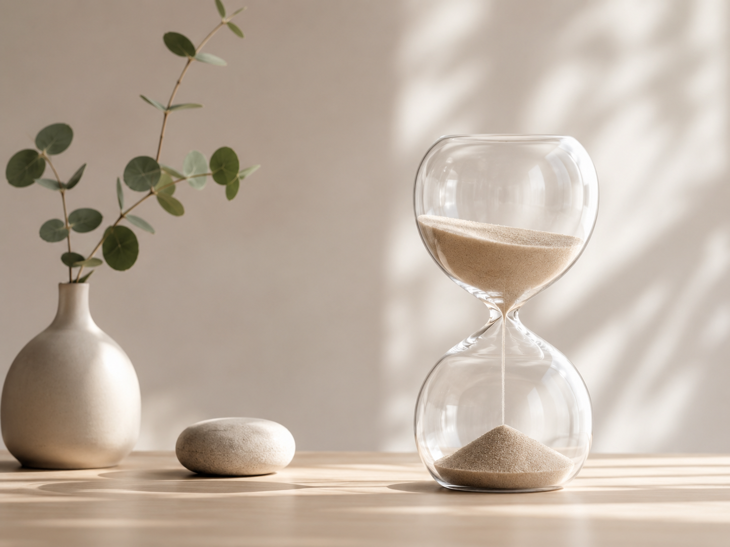 Reloj de arena sobre una mesa de madera junto a elementos decorativos minimalistas que simbolizan la espera y el desgaste emocional en un proceso de fertilidad.