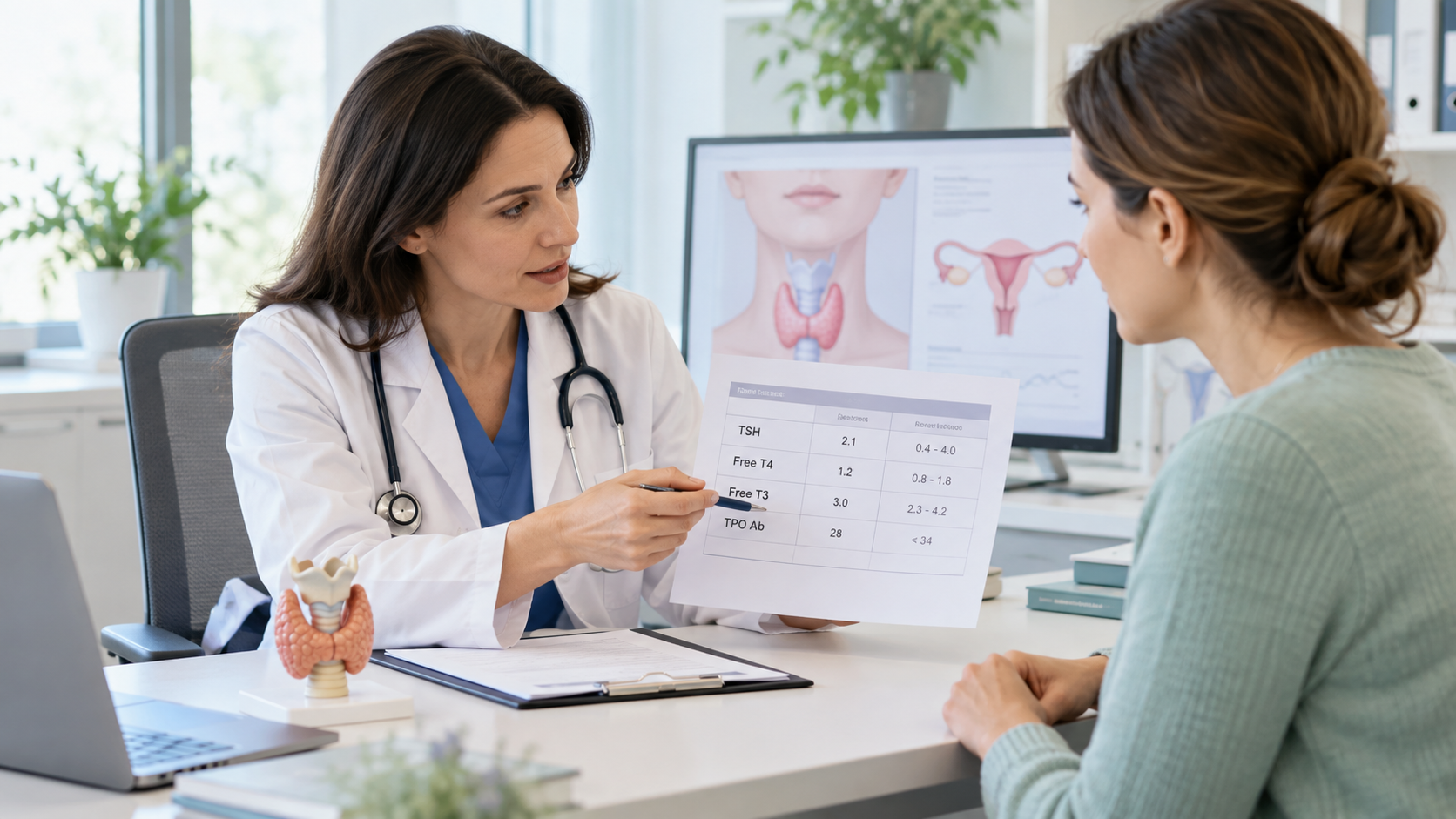 Médica explicando a su paciente los resultados de las pruebas de tiroides (TSH, T4 y T3) relacionadas con la fertilidad